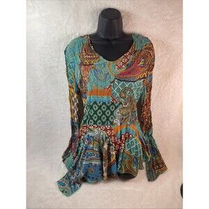 Essentials by Milano Boho Paisley Peplum Top Multicolor Long Sleeve Size M